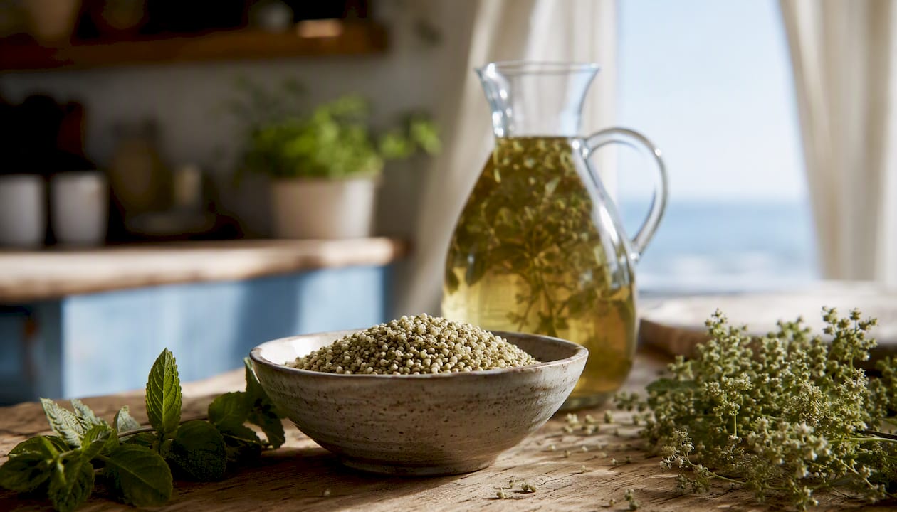 Hemp seeds and herbal tea on wooden table