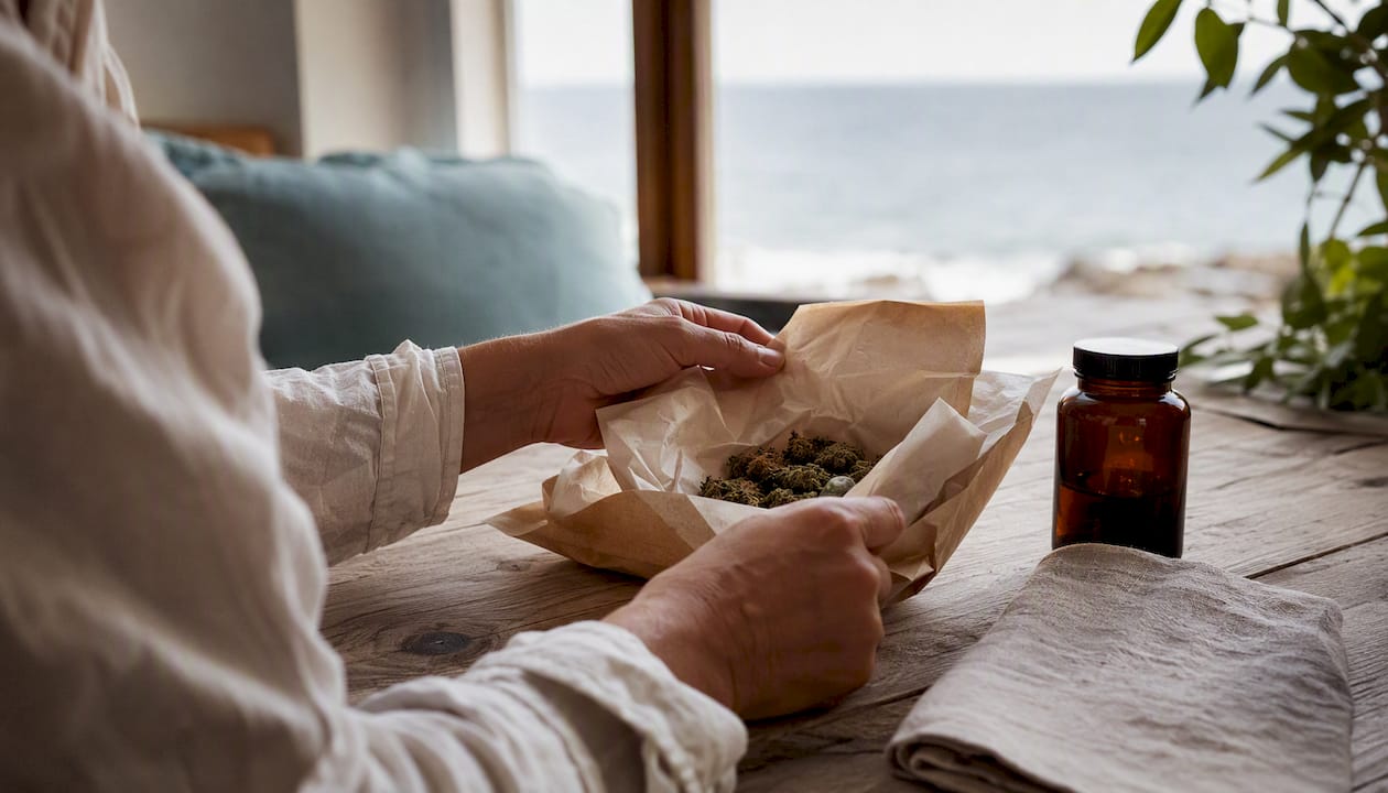 Hands unboxing hemp product at wooden table