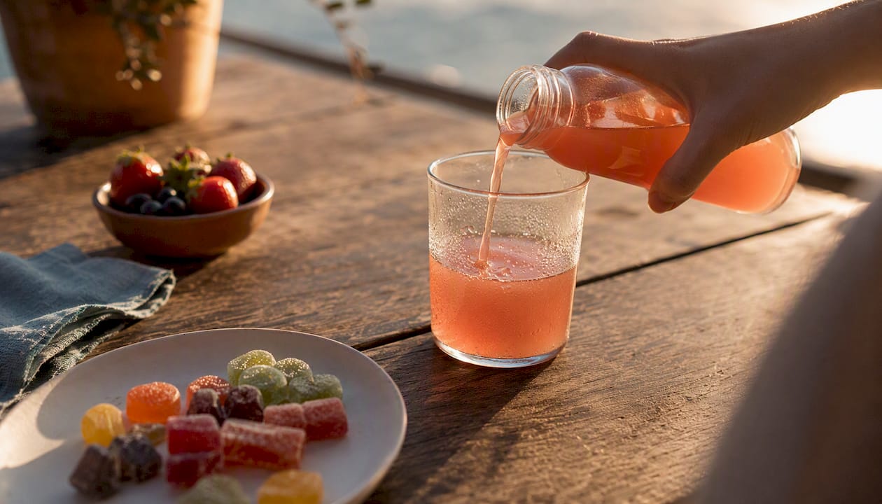 Hand preparing CBD drink with gummies nearby