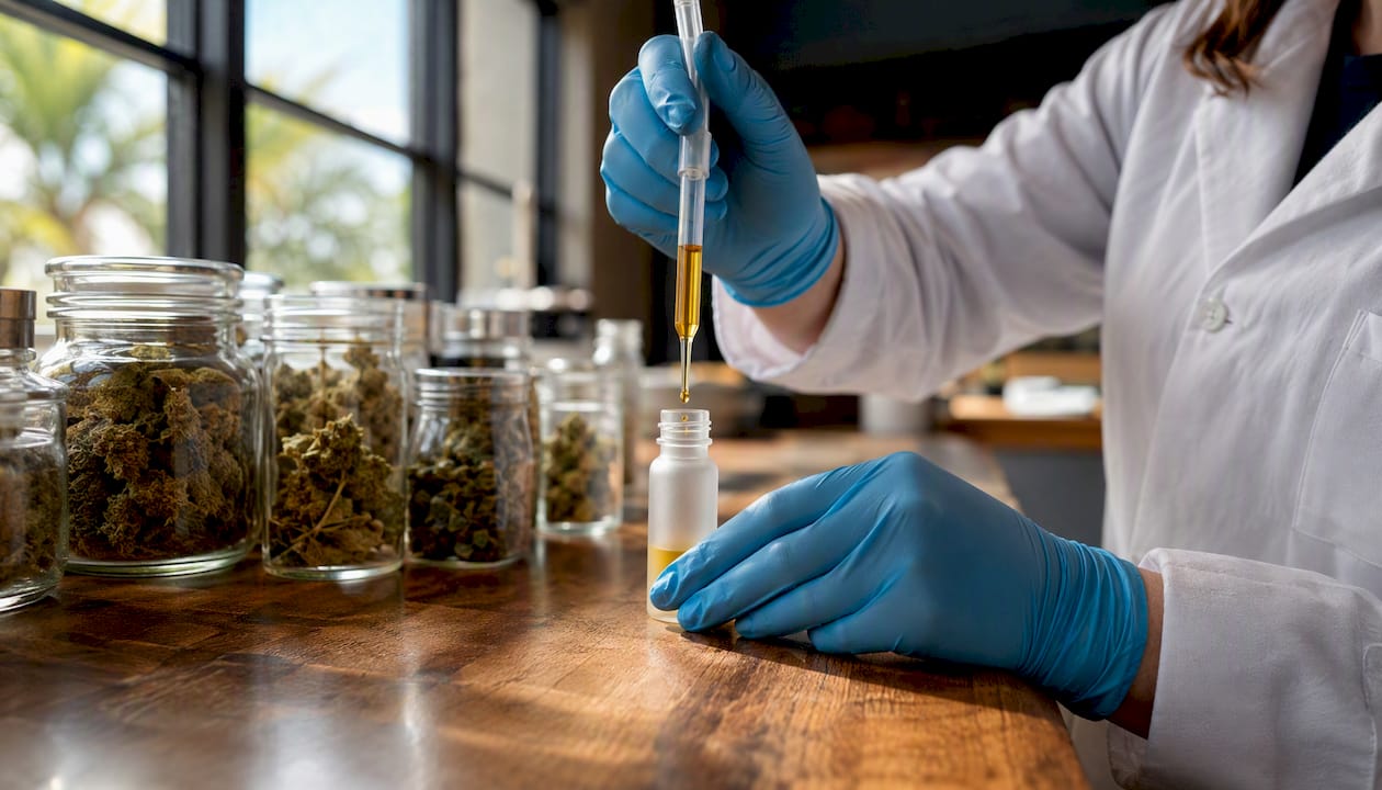 Lab hands pipetting hemp extract