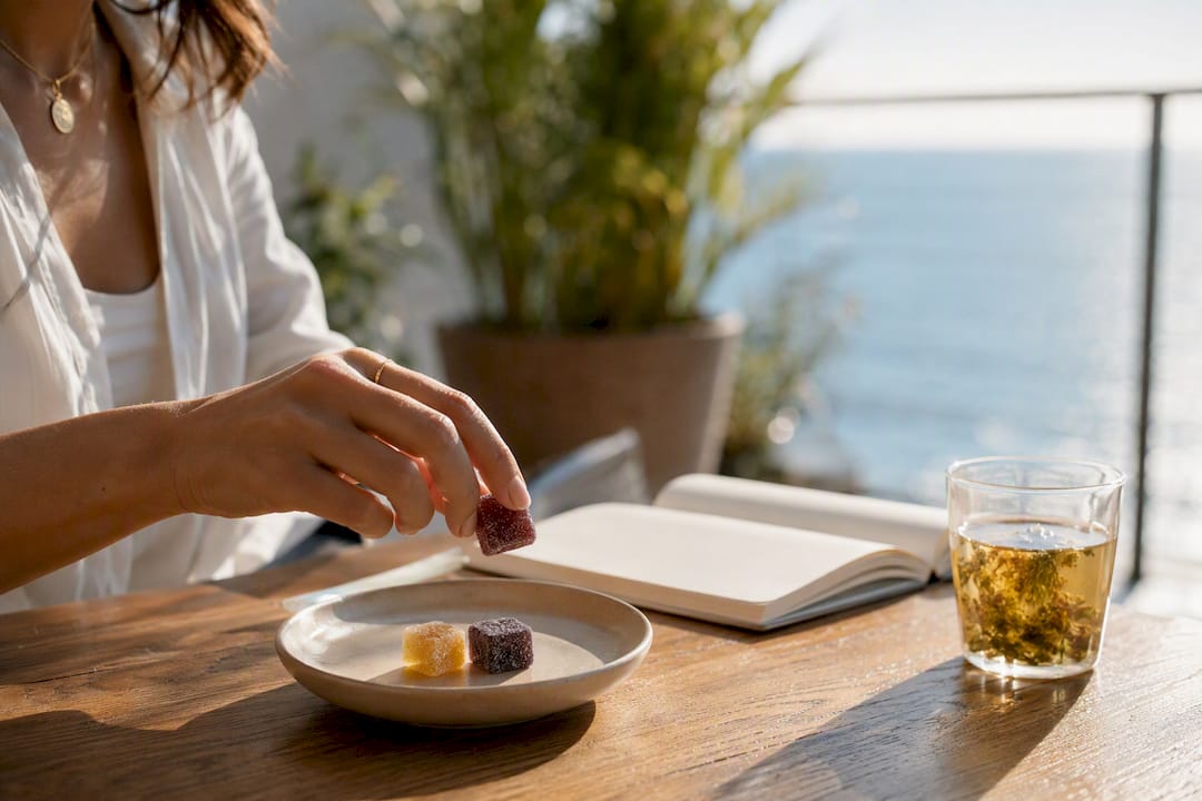 Hand placing small hemp gummy on plate for microdose