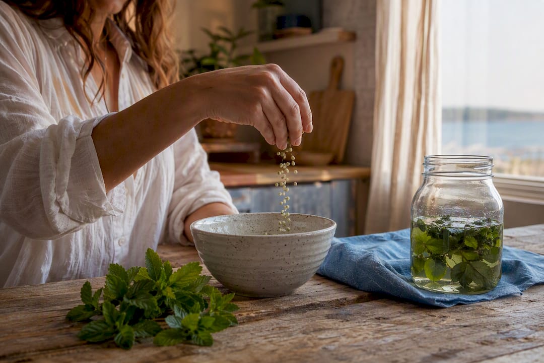 Hand pouring hemp flower buds into bowl
