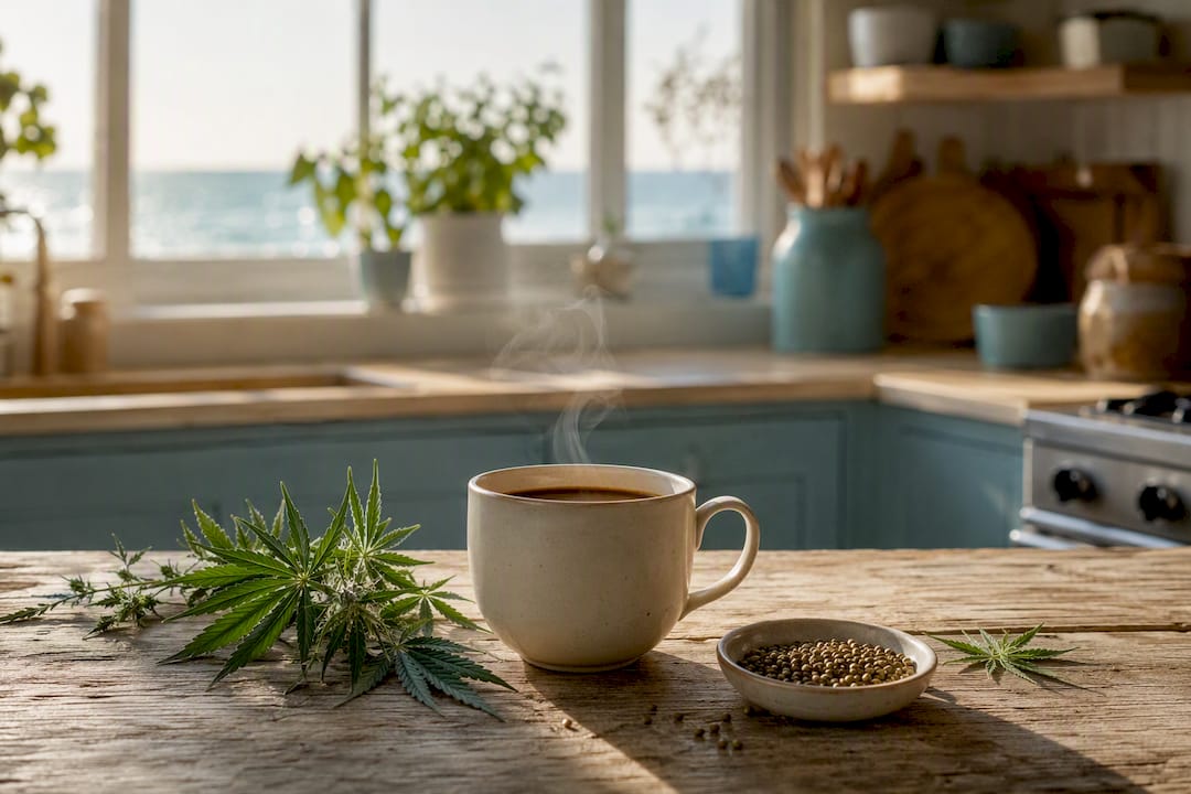 Coffee cup and fresh hemp leaves on wood