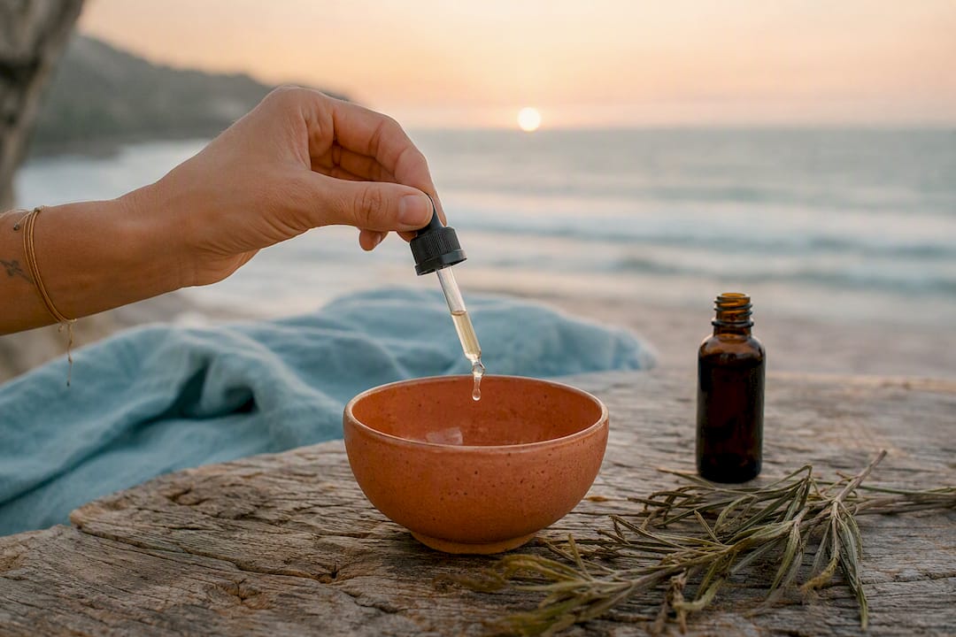 Hand pouring hemp tincture with dropper