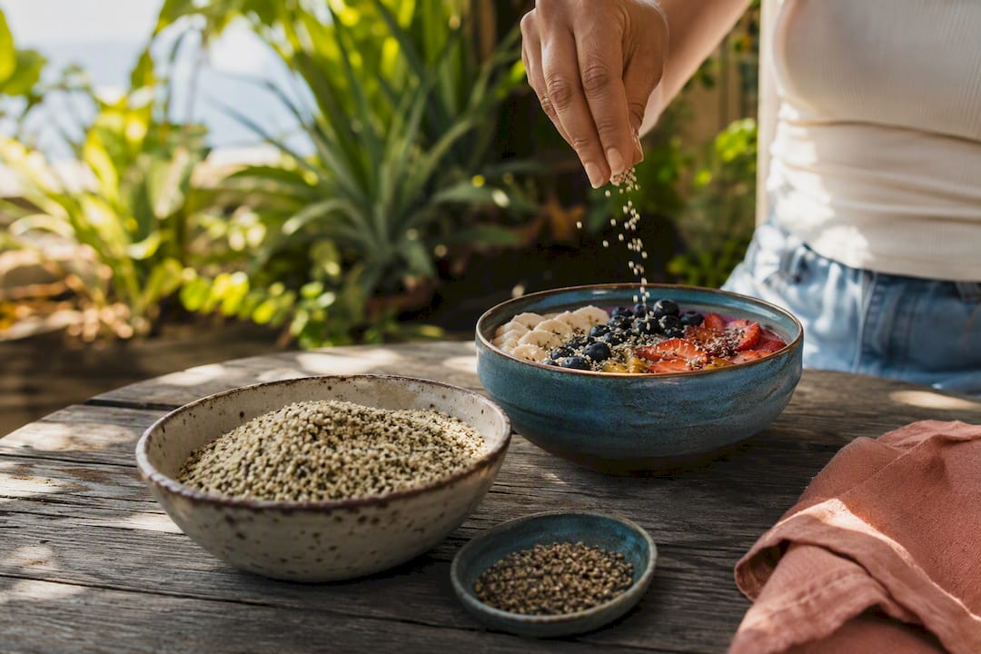 Person sprinkling hemp hearts over oatmeal in kitchen