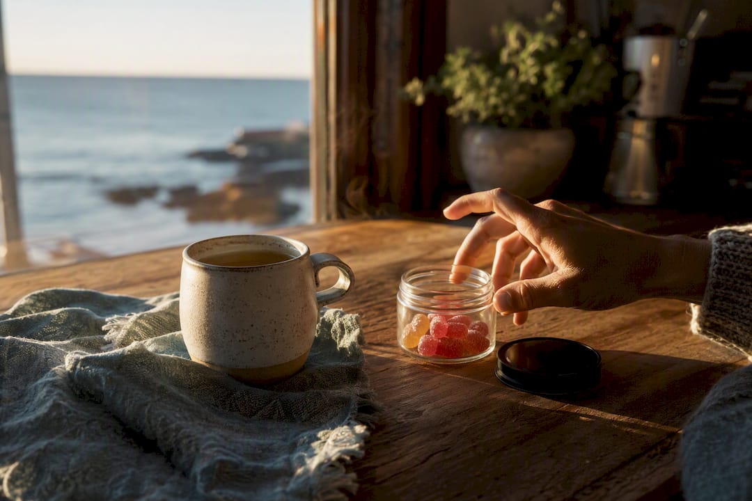 Coffee cup and jar of hemp gummies on coastal table