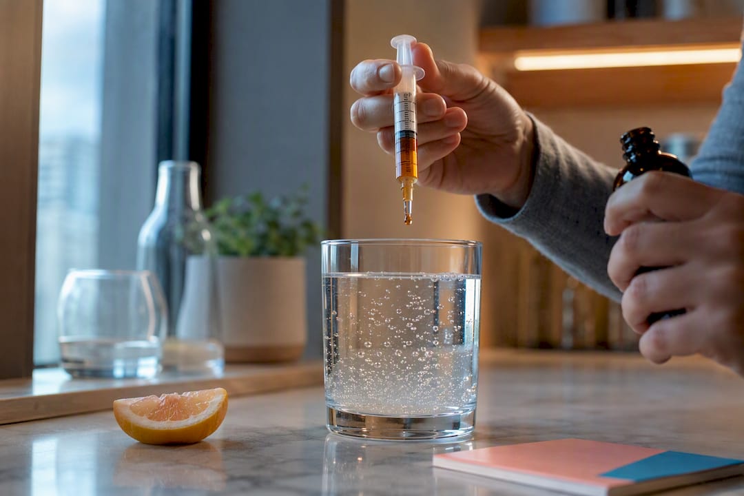 Measuring hemp syrup for a sparkling drink
