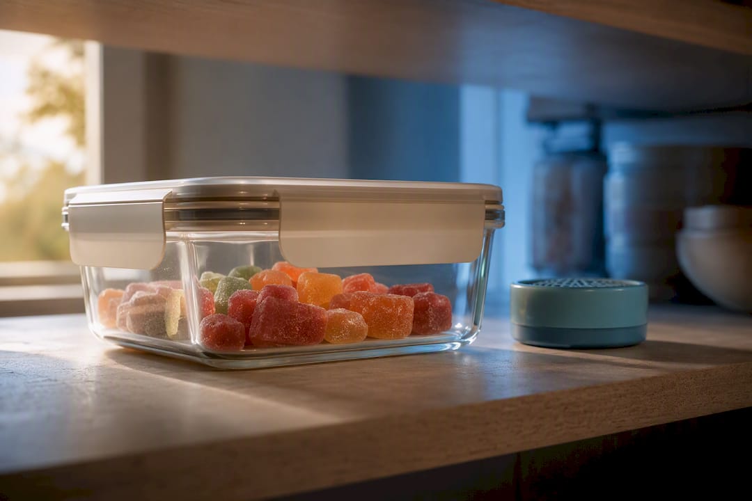 Sealed gummies stored in cool pantry
