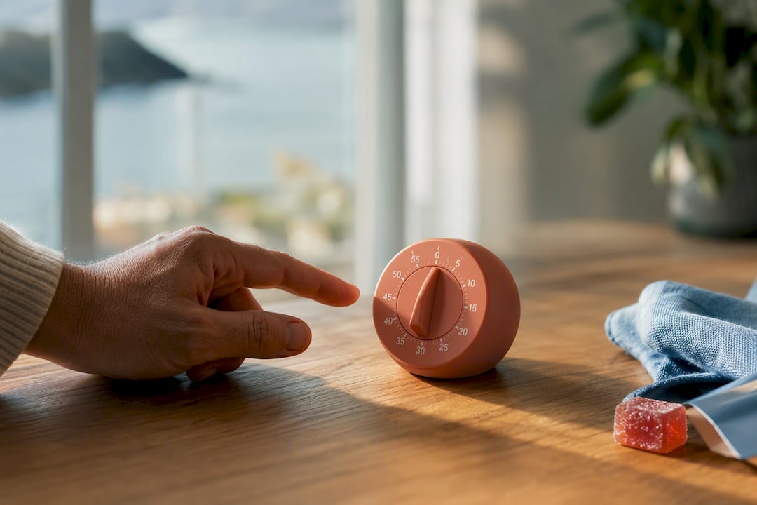 Hand waiting beside edible and kitchen timer