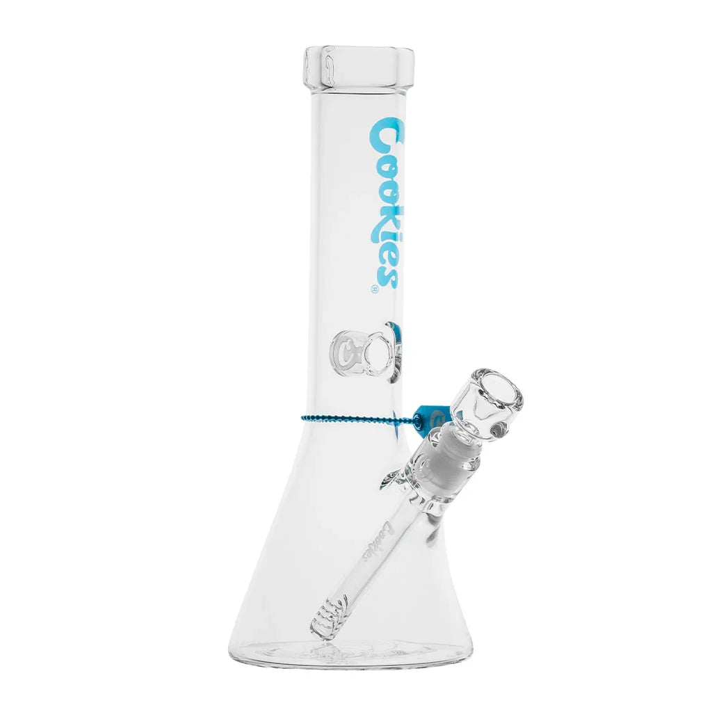 Cookies Original Beaker blue glass bong with logo on clear background