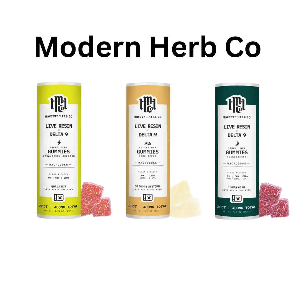 Modern Herb Co Live Resin Delta 9 gummies in three colorful containers with gummies in front