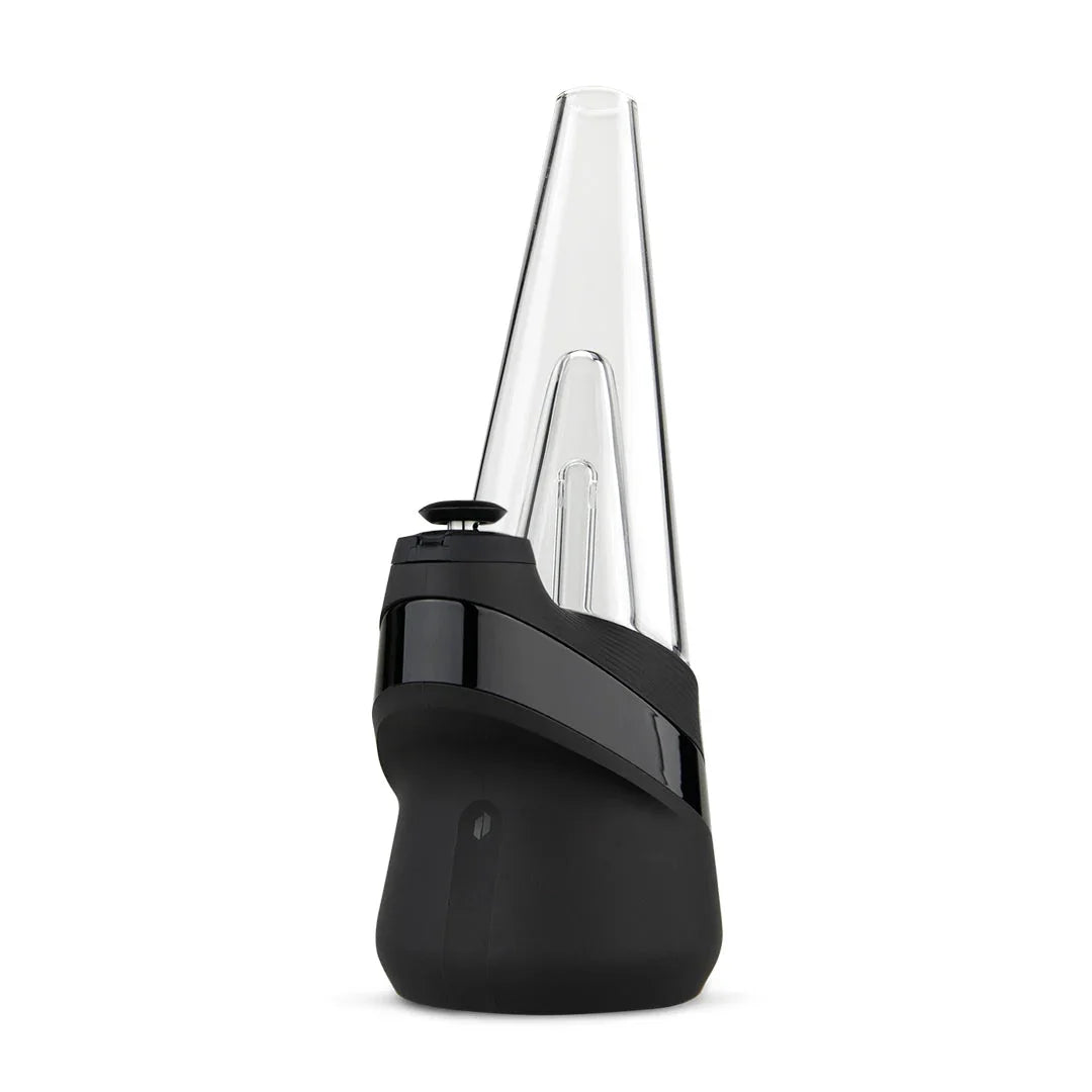 Sleek black onyx electronic dab rig with glass cone top on white background