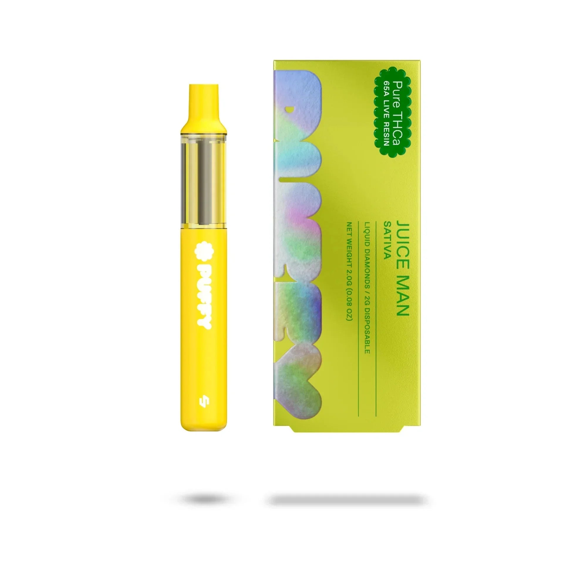 Puffy THCA disposable vape Juice Man sativa yellow device and box with rainbow text