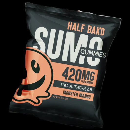 Three Half Bak'd SUMO Gummies 420mg bags in Monster Mango, Yuzu Citrus, Wild Watermelon