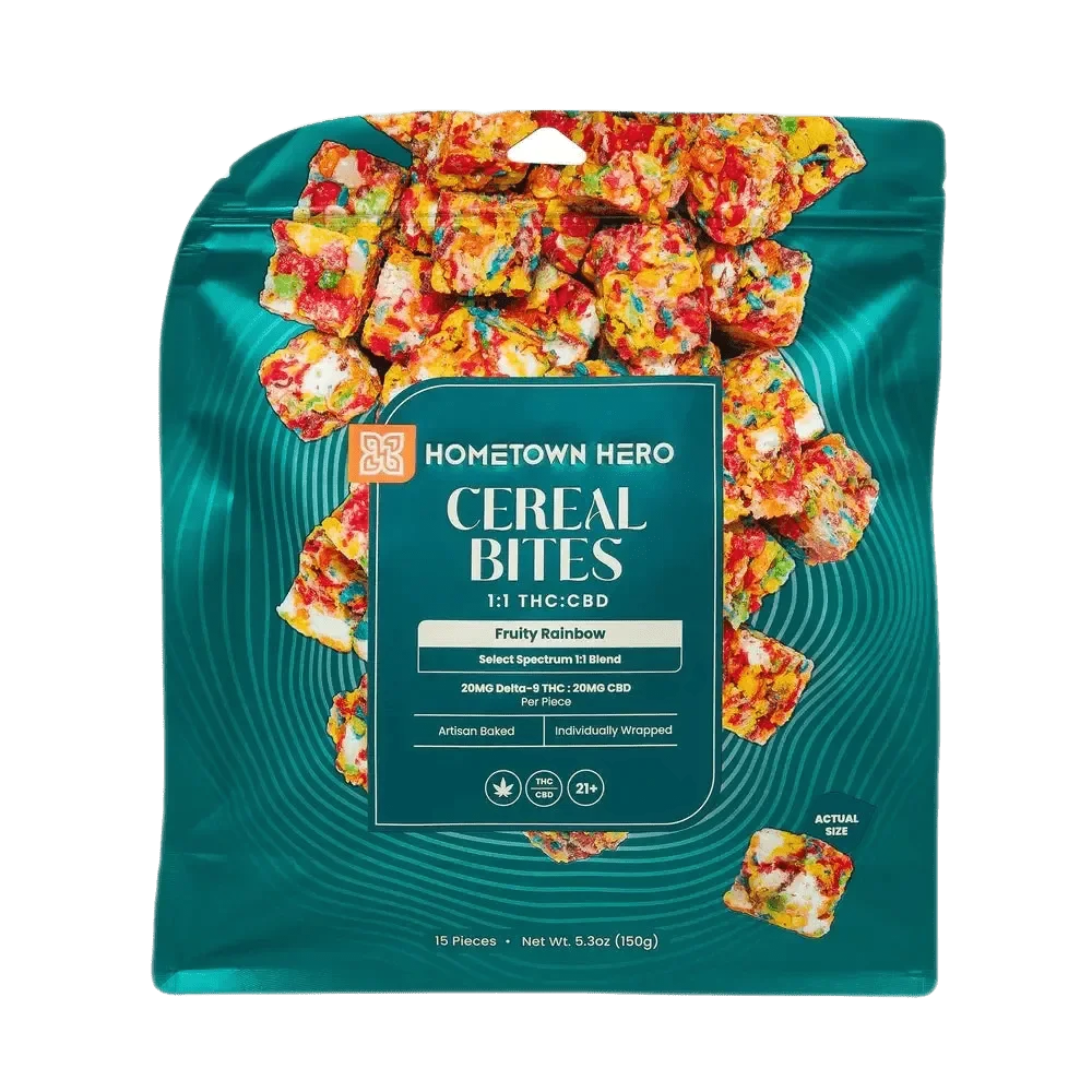 Hometown Hero Cereal Bites Fruity Rainbow Delta 9 THC CBD edibles in teal resealable bag