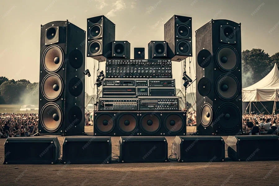 Large outdoor sound system with multiple speakers at a music festival stage