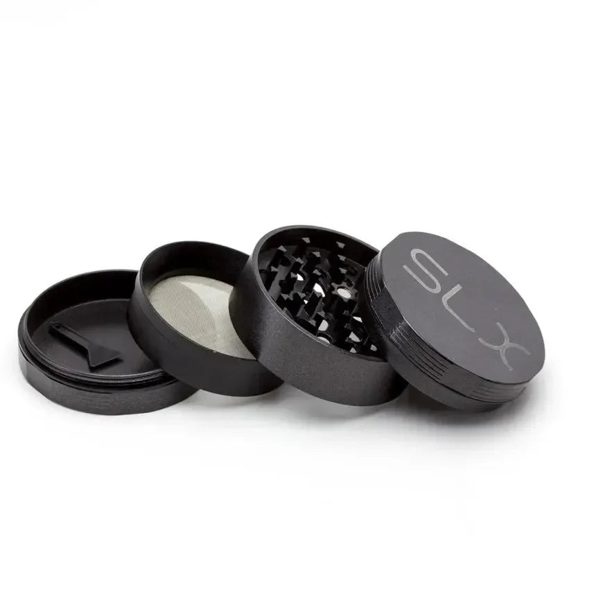 SLX ceramic coated metal grinder 4-piece set in black, parts separated on white background