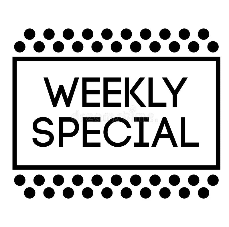 Black weekly special stamp label with bold text and dotted border on white background