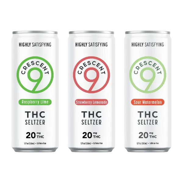 Three cans of Crescent Canna’s Crescent 9 THC Seltzer 20mg in Raspberry Lime, Strawberry Lemonade, and Sour Watermelon. Each sugar-free can contains 20 mg hemp-derived THC and is labeled Highly Satisfying.