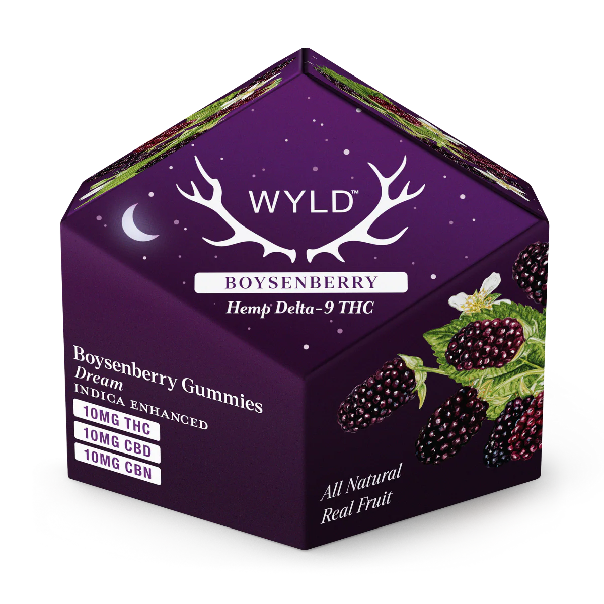 The WYLD Boysenberry 1:1:1 THC:CBD:CBN | Dream - Sleep Gummies come in a purple, pentagon-shaped box with boysenberry illustrations and 10mg THC, CBD, and CBN labels, highlighting natural ingredients for restful sleep.