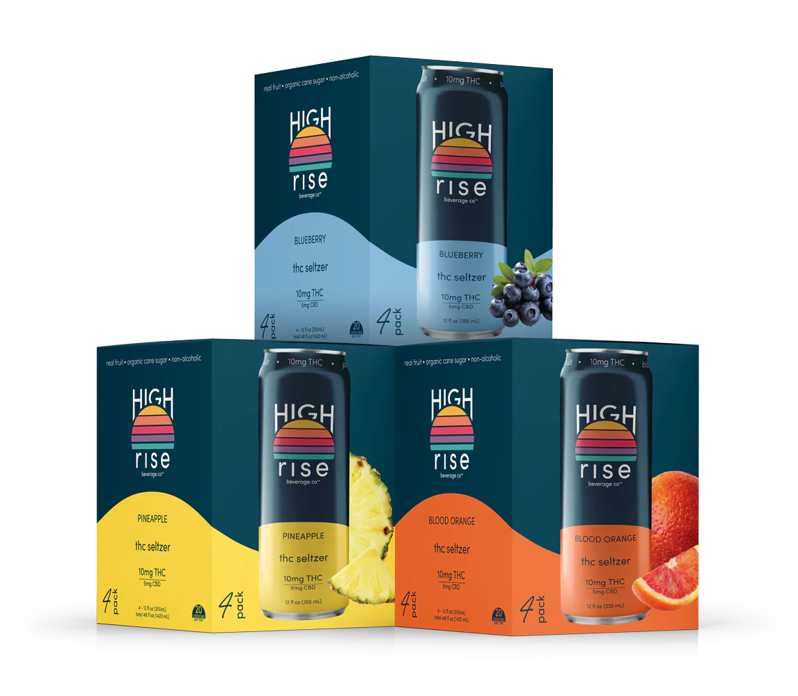 Four boxes of High Rise Beverage Co.’s High Rise Delta-9 Seltzers 10mg are displayed, each featuring blueberry, pineapple, or blood orange flavors. The boxes show vibrant fruit images and a sunset-themed logo.