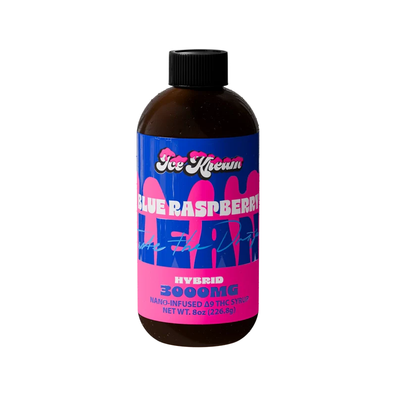 A brown bottle with a black cap labeled Ice Kream Lean Nano-Infused Delta 9 Syrup 3000mg by Ice Kream, featuring red and blue graphics on a white background.