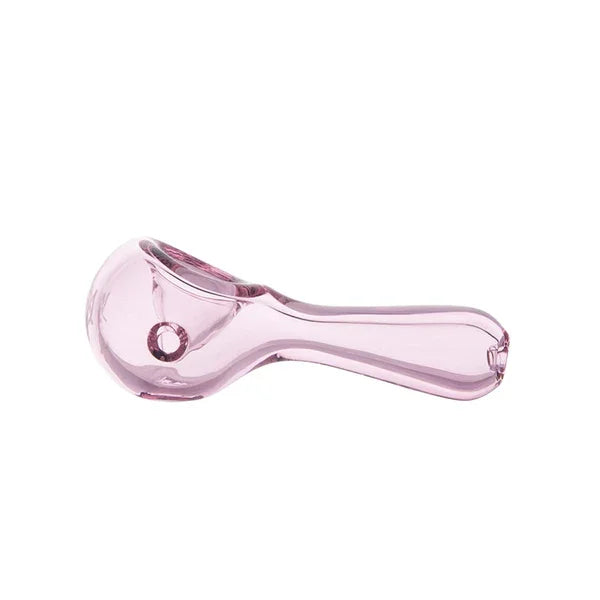 Pink glass hand pipe with rounded bowl for hemp or herbal use on white background