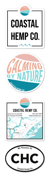 A man in a vibrant abstract suit and striped tie smokes a cigar in pixelated sunglasses. Text reads Yourcoastalhemp by Coastal Hemp Co. Ideal for your sticker collection! Sticker size: 2.8 x 2 inches.