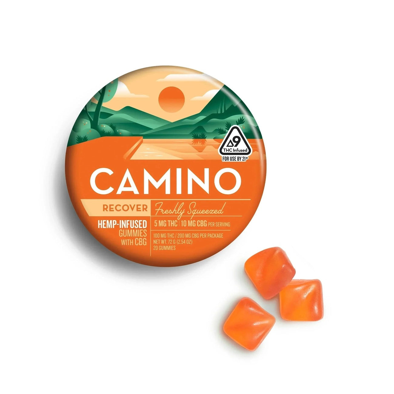 An open pink tin of Kiva Confections Camino Gummies Delta 9 THC 5mg 20ct shows three red, square gummies beside it. The round tin features a poolside illustration and THC warning symbols.