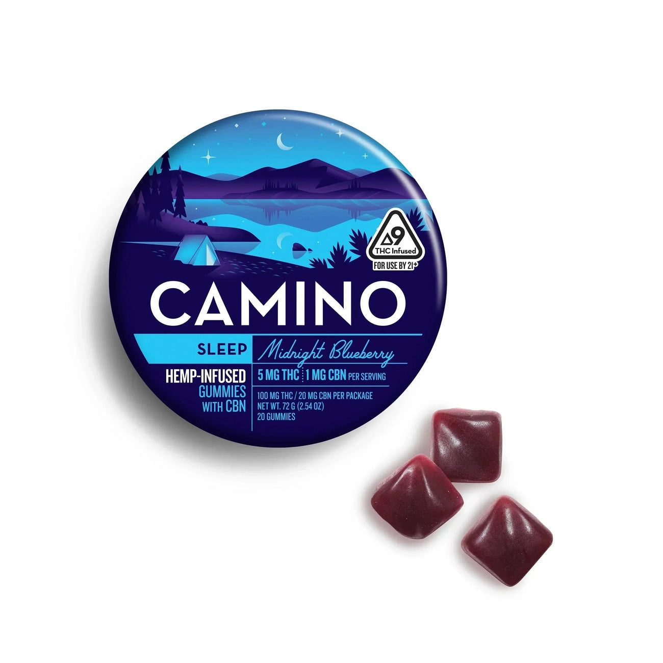 An open pink tin of Kiva Confections Camino Gummies Delta 9 THC 5mg 20ct shows three red, square gummies beside it. The round tin features a poolside illustration and THC warning symbols.