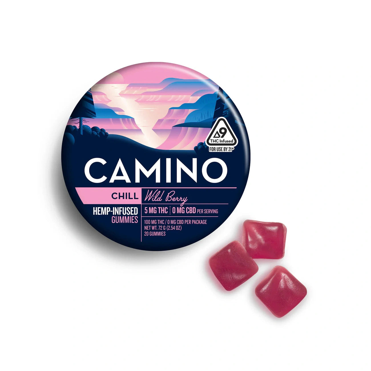 An open pink tin of Kiva Confections Camino Gummies Delta 9 THC 5mg 20ct shows three red, square gummies beside it. The round tin features a poolside illustration and THC warning symbols.