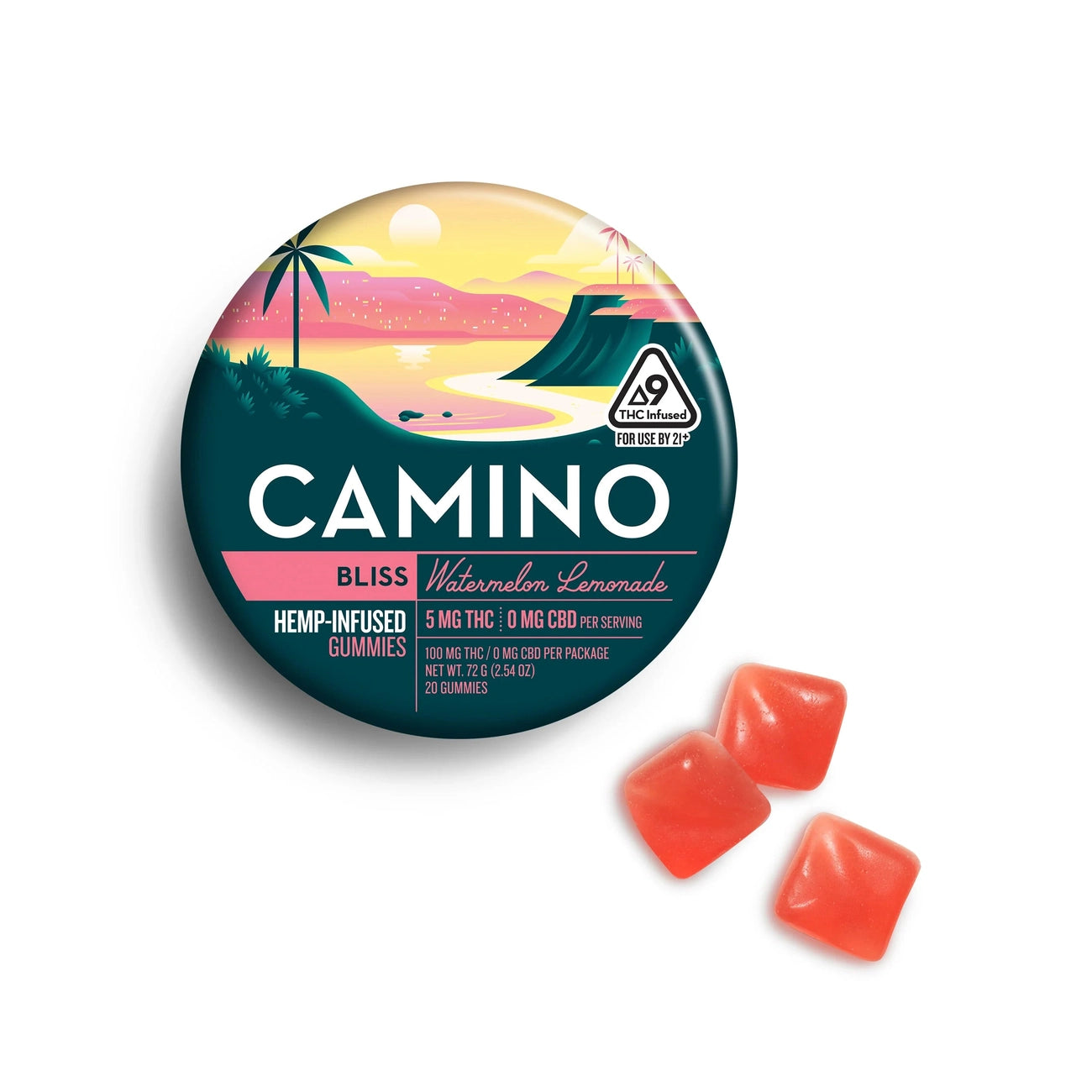 An open pink tin of Kiva Confections Camino Gummies Delta 9 THC 5mg 20ct shows three red, square gummies beside it. The round tin features a poolside illustration and THC warning symbols.