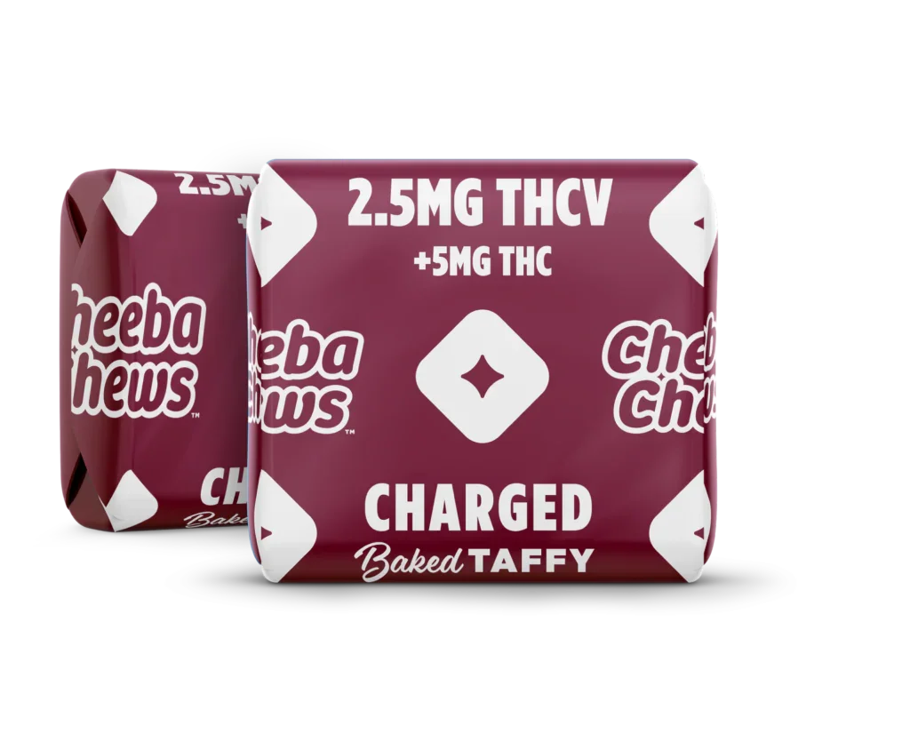 Two packages of 'Charged' baked taffy with THC content on a white background