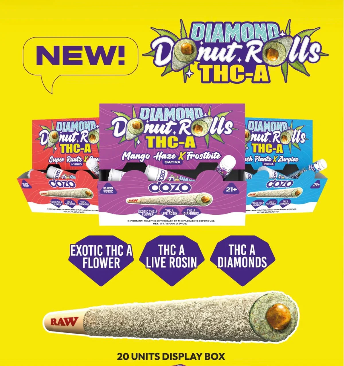Diamond Donut Rolls THC-A pre-rolls with exotic flower, live rosin, diamonds — 20-unit display box