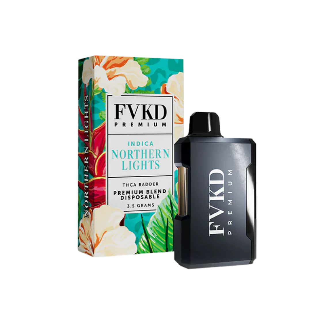 A black FVKD Exotics Premium THCA Badder Disposable 3.5G stands beside its vibrant, floral-patterned Indica Northern Lights box, highlighting adjustable wattage and premium quality.