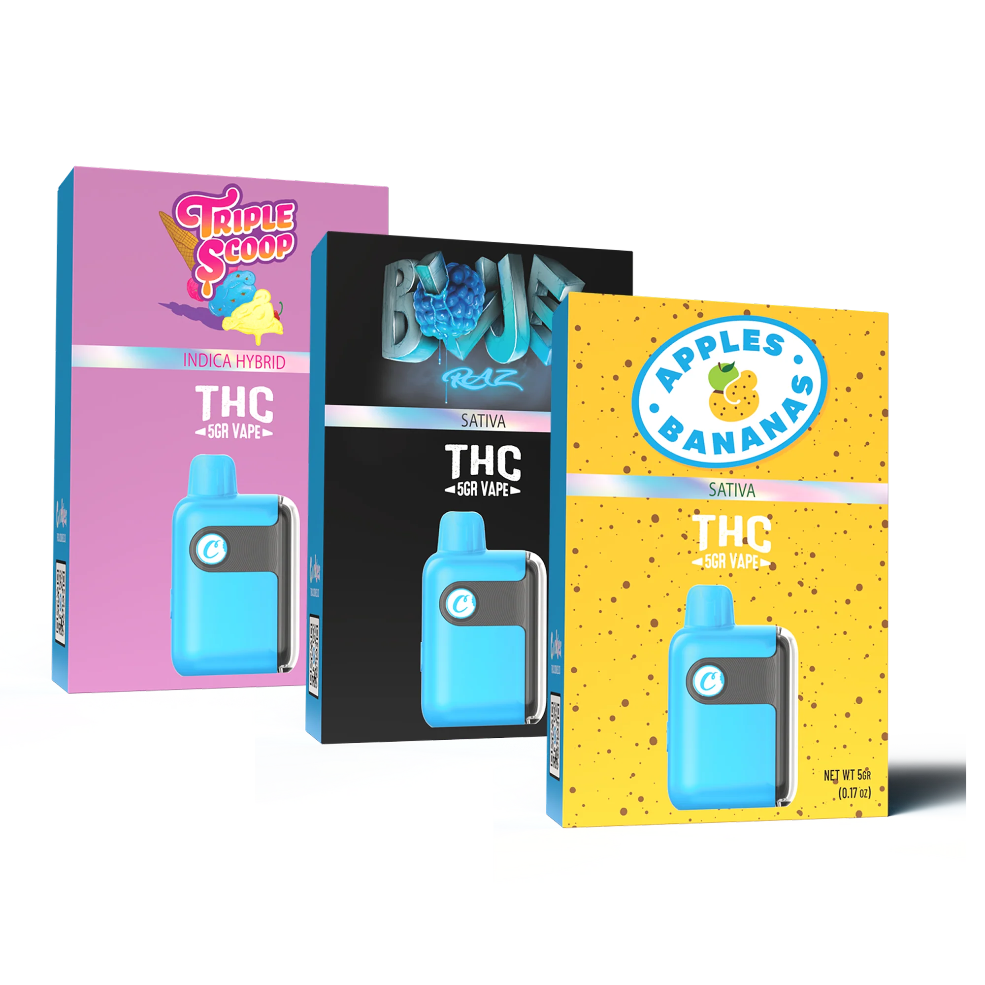 Three colorful Cookies THCA Liquid Diamonds Disposable Vape 5g boxes—pink (Triple Scoop), black (Blue Raz), and yellow (Apples & Bananas)—each display a blue disposable vape, highlighting hemp-derived THC. Comes in a 5-pack display.