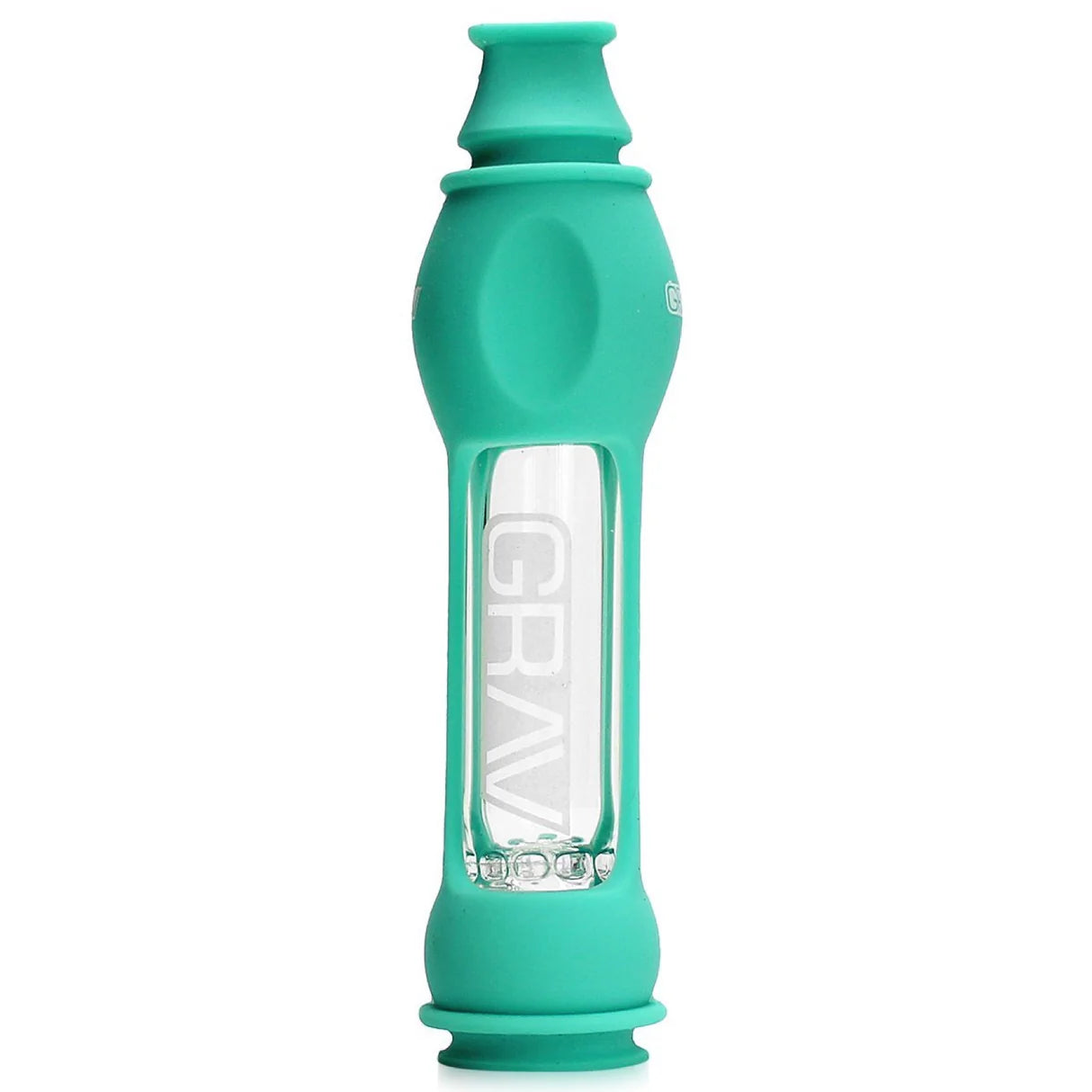 The GRAV 16MM Taster w/ Silicone Skin by Grav is a compact borosilicate glass pipe featuring a teal silicone skin, rounded ends, and the GRAV logo visible inside its clear cylindrical chamber.