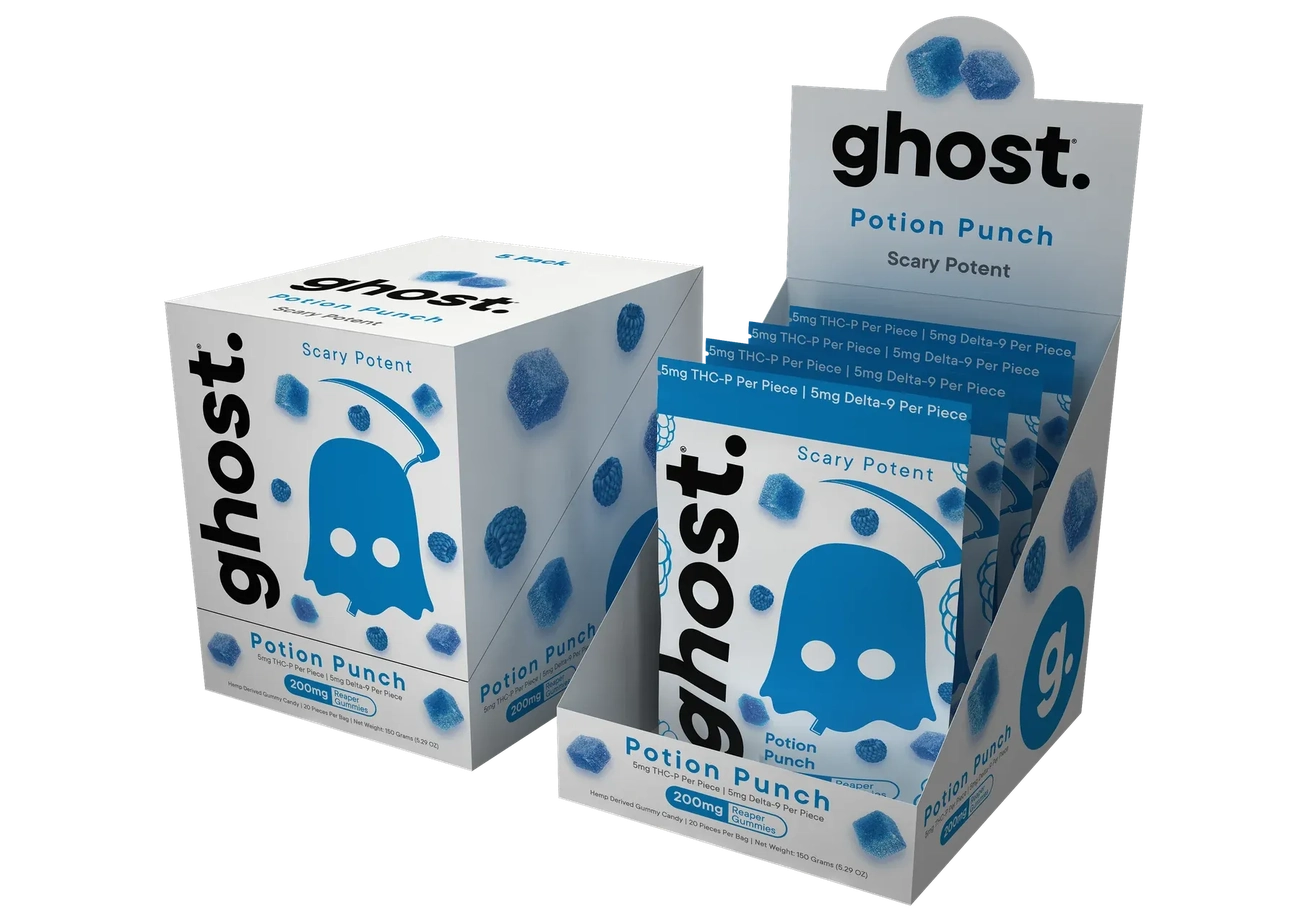 Ghost Potion Punch gummies with 5mg THC-P & Delta-9 per piece, blue raspberry flavor in retail display