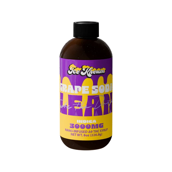A brown bottle with a black cap labeled Ice Kream Lean Nano-Infused Delta 9 Syrup 3000mg by Ice Kream, featuring red and blue graphics on a white background.