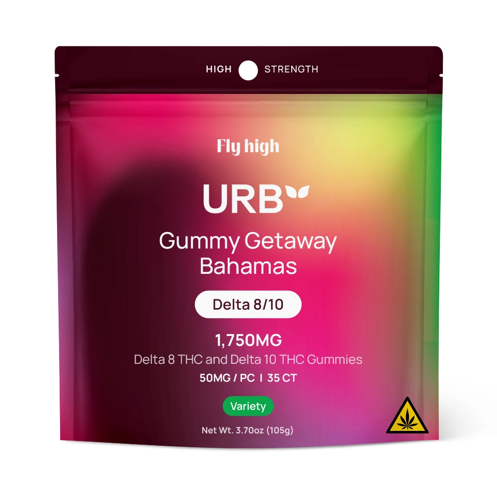 A resealable pink and red Lifted Made pouch labeled Urb D8/D10 THC Gummies 1750mg contains hemp-derived watermelon gummies and features a cannabis warning symbol.