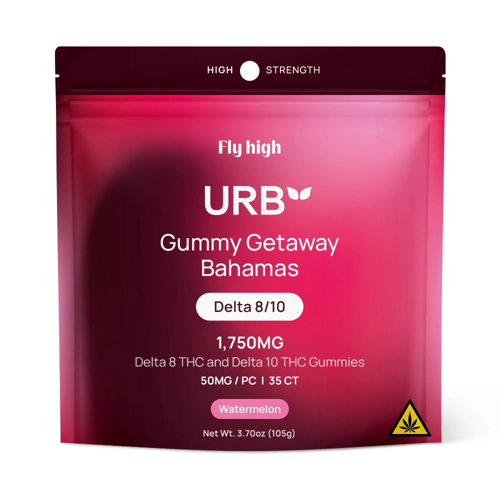 A resealable pink and red Lifted Made pouch labeled Urb D8/D10 THC Gummies 1750mg contains hemp-derived watermelon gummies and features a cannabis warning symbol.