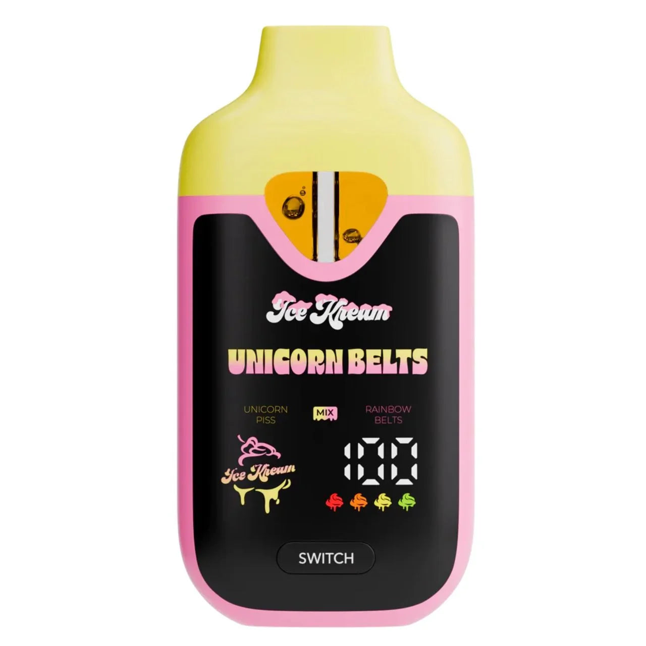 Ice Kream Unicorn Belts disposable vape device in pink and yellow.