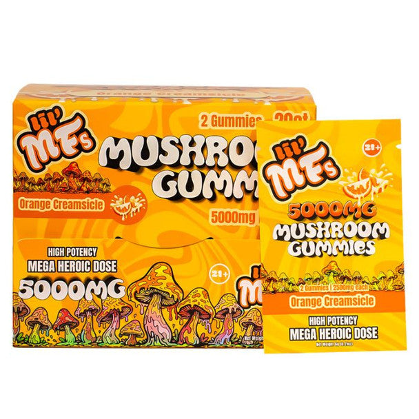 Mushroom gummies packaging with orange and yellow design on a white background