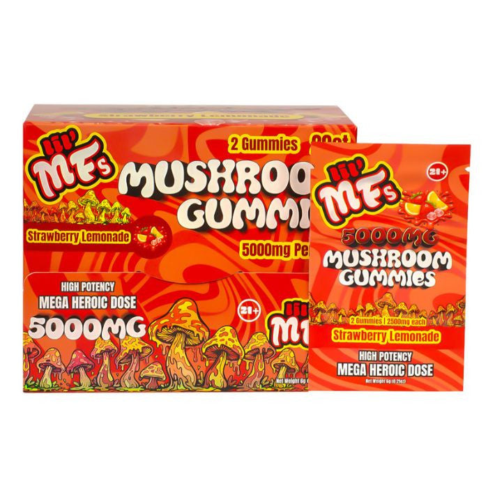 Two boxes of M&Ms Mushroom Gummies with strawberry lemonade flavor on a white background.