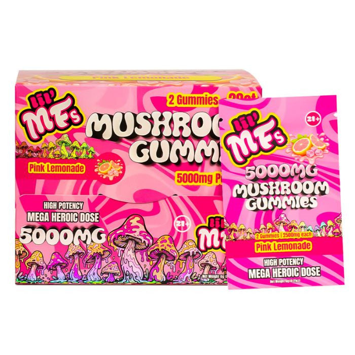 Pink lemonade mushroom gummies packaging with colorful graphics on a white background