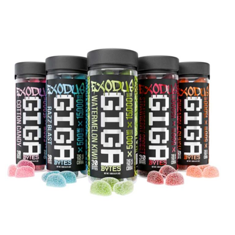 Five containers of Exodus Labs’ Gigabyte Gummies (15,000 mg) stand side by side, displaying assorted flavors and colorful gummies in front—ideal for anyone seeking high-potency edibles.