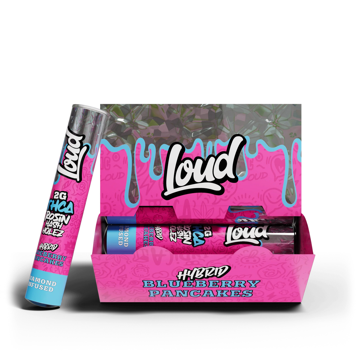 Loud Blueberry Pancakes Hybrid 20-pack preroll box, pink and blue, with one preroll displayed.