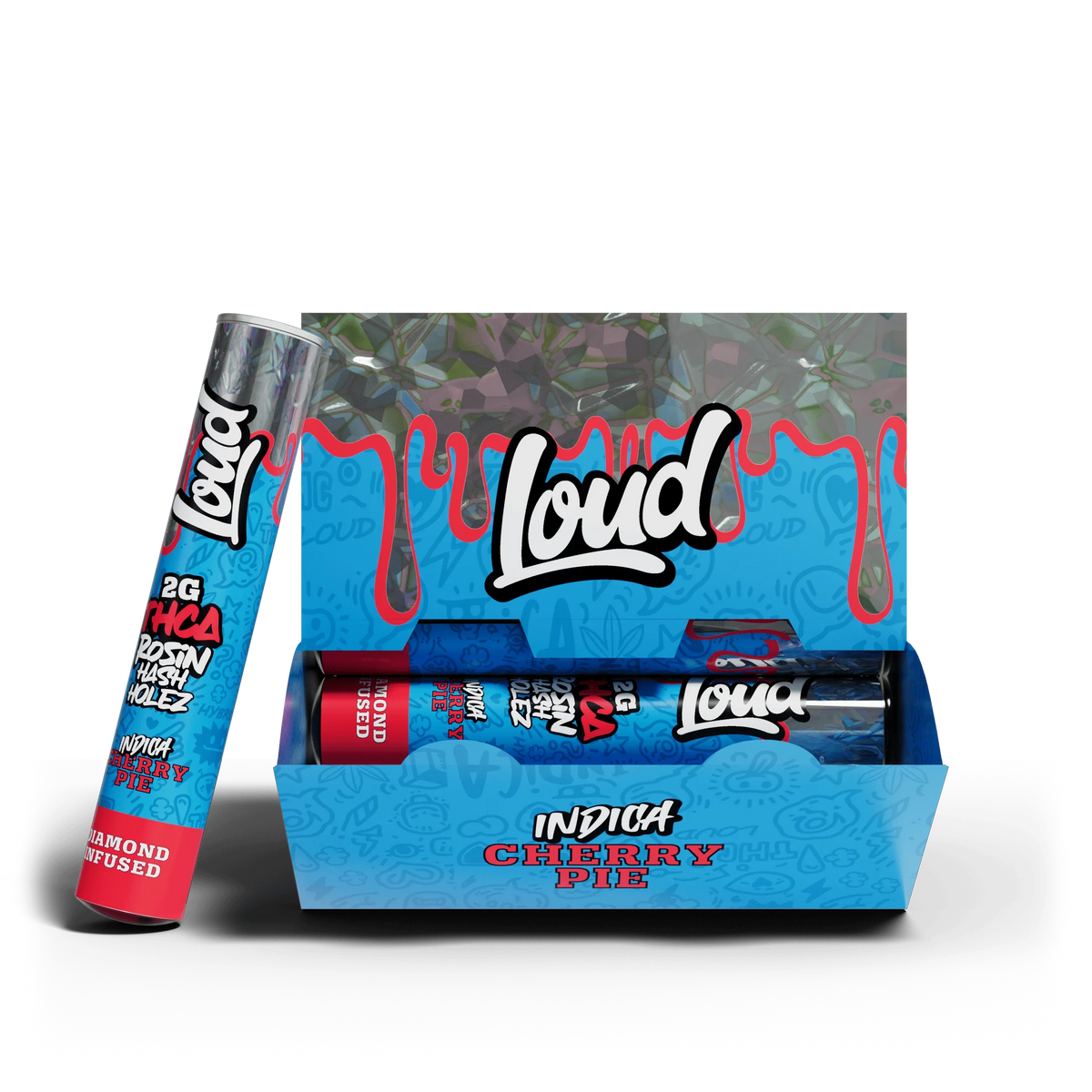 Loud Cherry Pie Indica pre-roll packaging, blue box with open front display, Coastal Hemp Co Distro