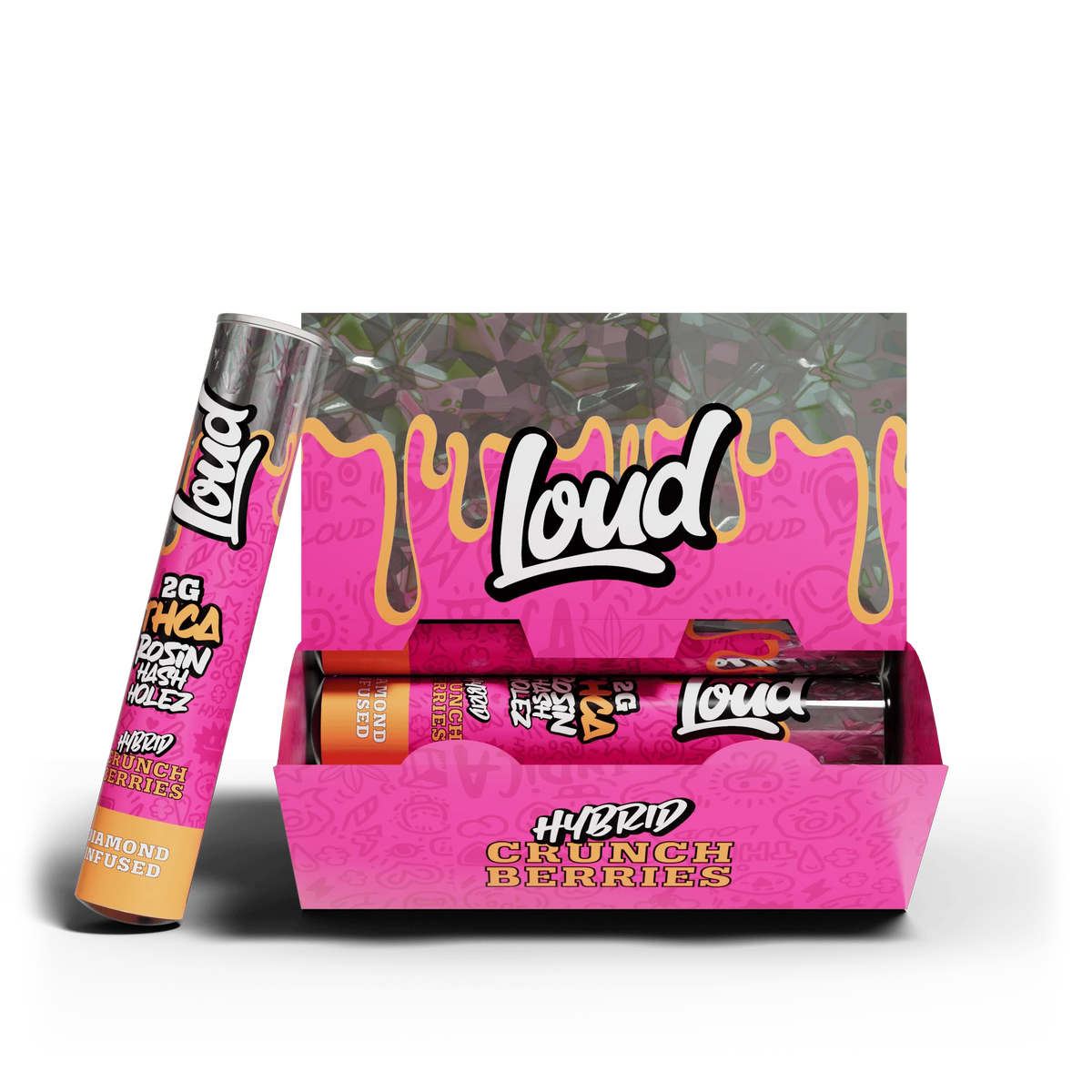 Loud Crunch Berries Hybrid pre-roll 20 pack, pink and gold display box, CHC Distro