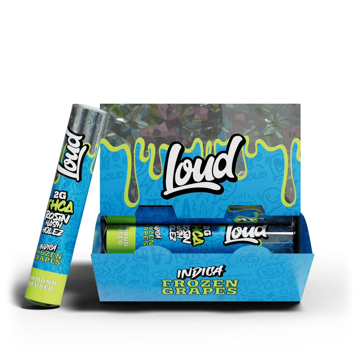 Loud Frozen Grapes Indica pre-roll 20 pack display with blue and green branded packaging